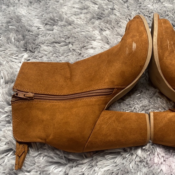 Big Buddha Brown Camel Faux Suede Fringe Open Toe Ankle Heel Booties Size 9 - Picture 10 of 12